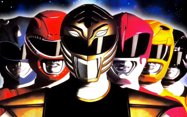 A dynamic HD wallpaper featuring the iconic Power Rangers in their signature helmets, showcasing vibrant colors and a striking cosmic background, celebrating the beloved TV show.