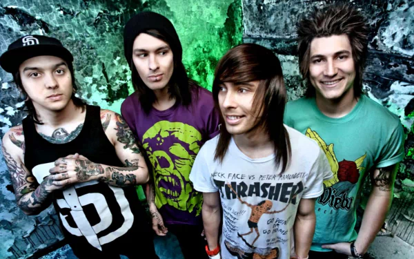 HD desktop wallpaper of Pierce the Veil band members posing in front of a vibrant green backdrop.