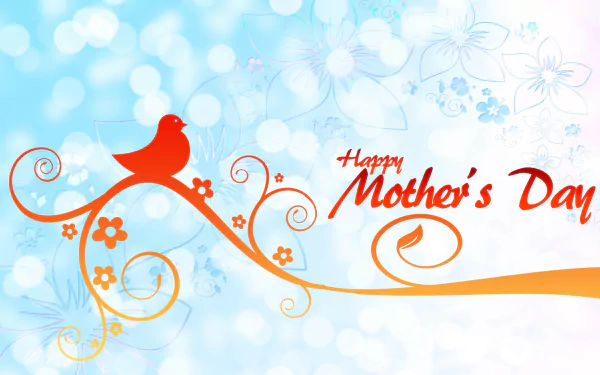 Mother's Day-themed HD desktop wallpaper with Happy Mother's Day text and decorative bird and floral elements on a blue background.