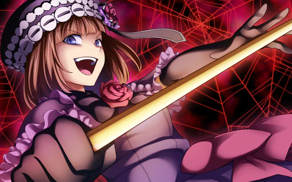 Eva Ushiromiya from Umineko: When They Cry — anime HD PC desktop wallpaper showing her grinning in a purple dress and bonnet, brandishing a golden cane against a red spiderweb backdrop.