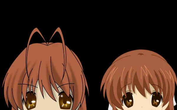 HD PC desktop wallpaper: two Clannad anime characters with brown hair and golden eyes peeking from the bottom against a black background.
