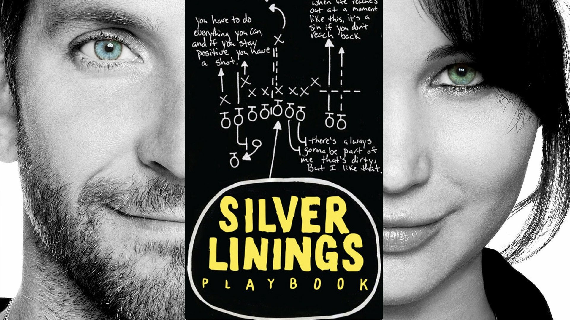 HD desktop wallpaper featuring close-up portraits of Jennifer Lawrence and Bradley Cooper from the movie Silver Linings Playbook, with a playbook graphic in the center.