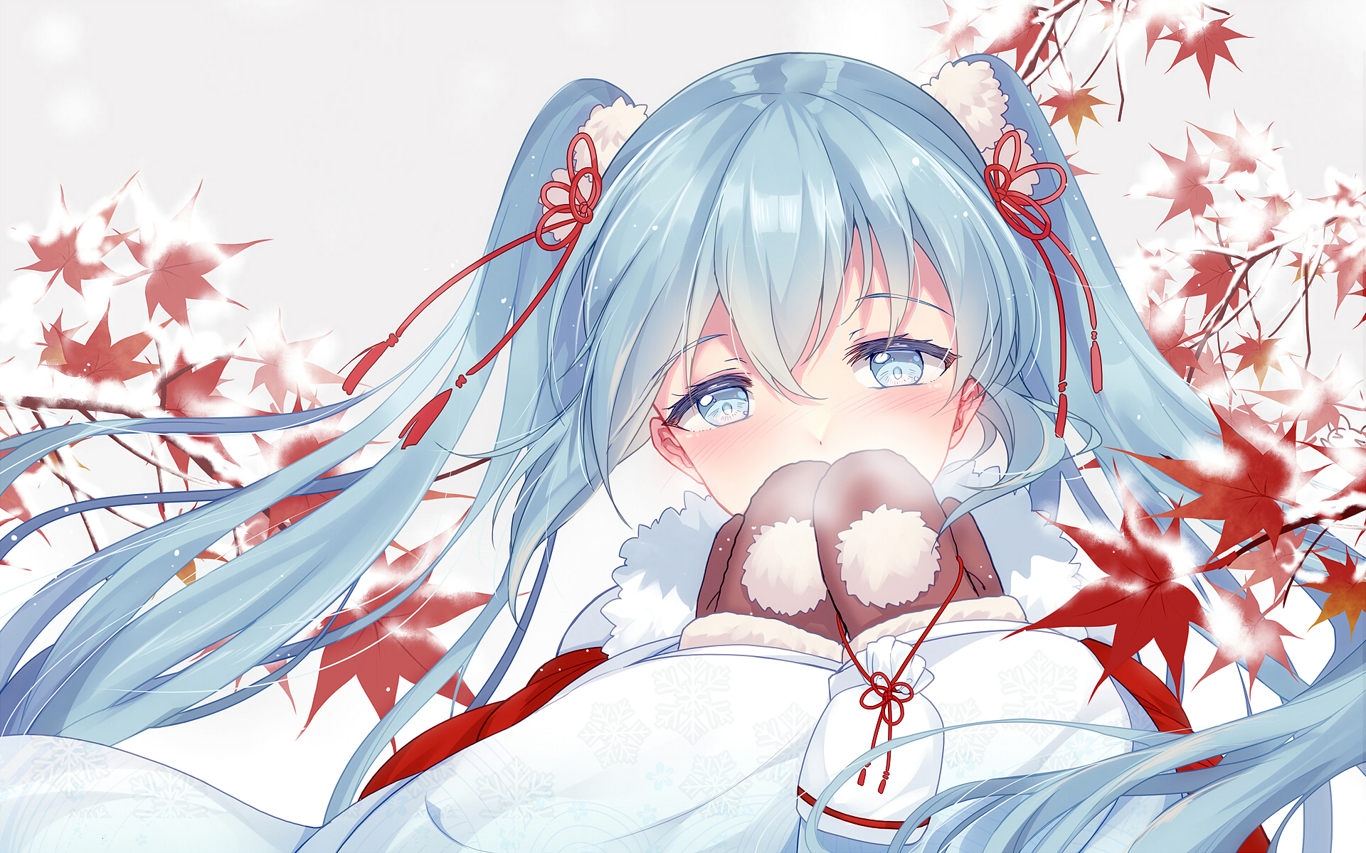 HD anime wallpaper featuring Hatsune Miku from Vocaloid with flowing blue twin-tails, framed by red maple leaves against a soft white background.