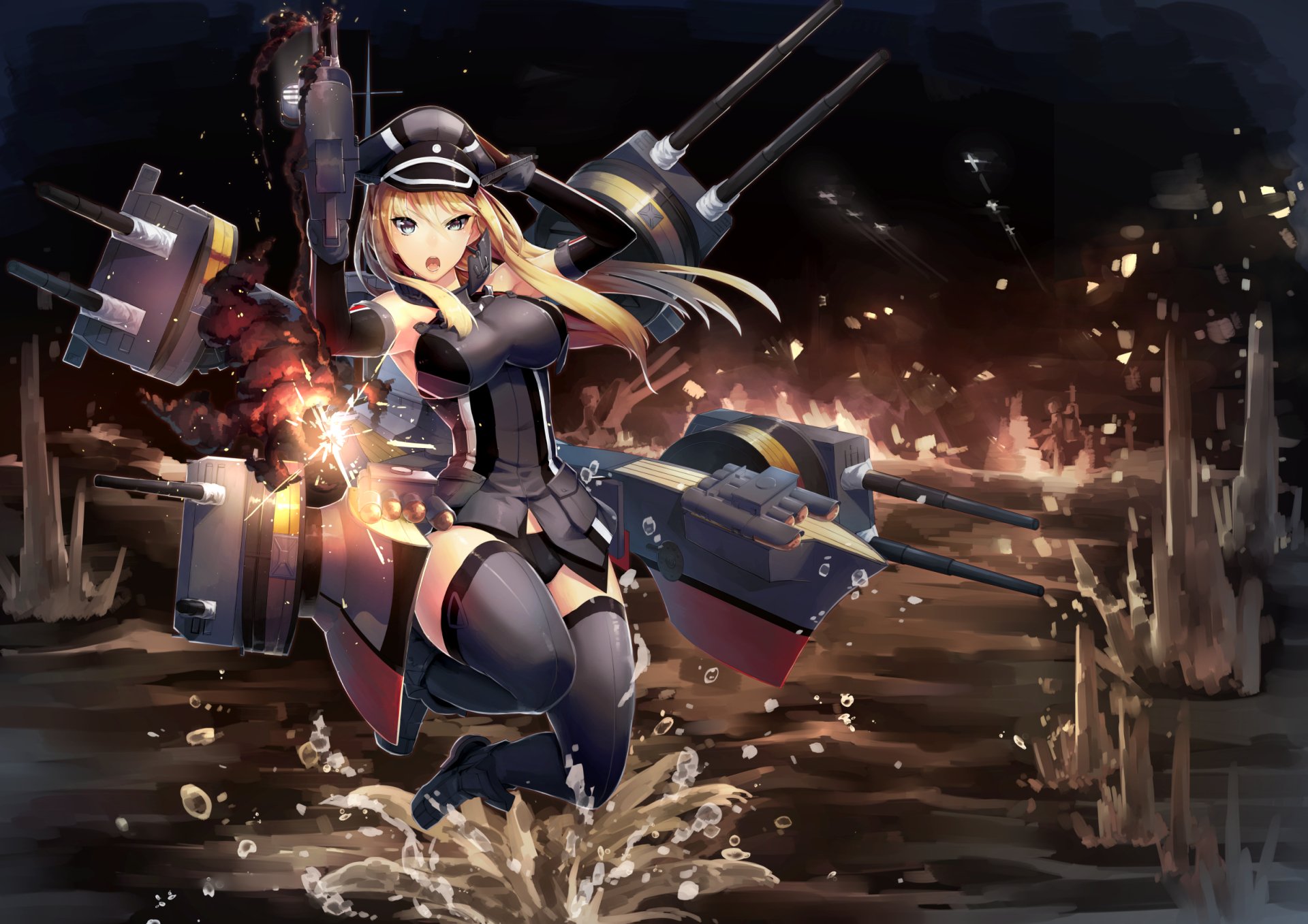 Download Thigh Highs Gun Hat Blue Eyes Water Blonde Long Hair Weapon  Bismarck (Kancolle) Anime Kantai Collection HD Wallpaper