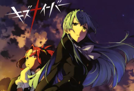 HD PC desktop wallpaper featuring two characters from the anime Kiznaiver against a dramatic sky background with the Kiznaiver logo.