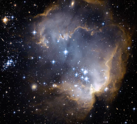 HD PC wallpaper featuring a vibrant star cluster surrounded by glowing nebula clouds in deep space, evoking a stunning sci-fi cosmic scene.