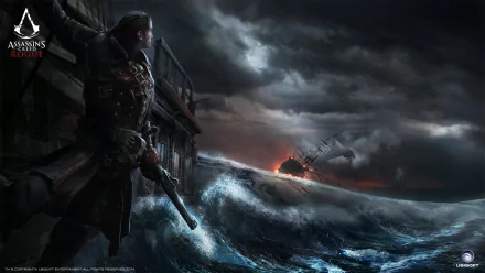 A dramatic HD desktop wallpaper featuring a pirate character from the video game Assassin's Creed: Rogue, standing on a ship in stormy seas as another vessel is engulfed in flames in the background.