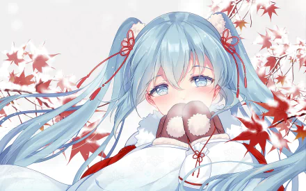 HD anime wallpaper featuring Hatsune Miku from Vocaloid with flowing blue twin-tails, framed by red maple leaves against a soft white background.