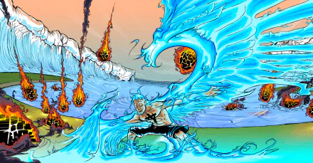 An HD desktop wallpaper featuring Marco from the anime One Piece, showcasing him surrounded by vibrant blue flames in a dynamic battle scene with fiery projectiles in the background.