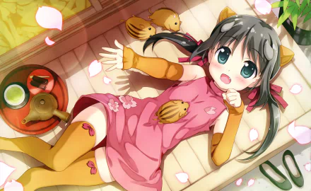 HD PC desktop wallpaper featuring Uri-tan from the anime Etotama, surrounded by small birds and cherry blossom petals in a bright, cozy setting.