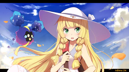 The HD desktop wallpaper features Lillie from Pokémon: Sun and Moon, with long blonde hair, green eyes, and a white dress and hat, holding Cosmog against a vibrant sky with flower petals.