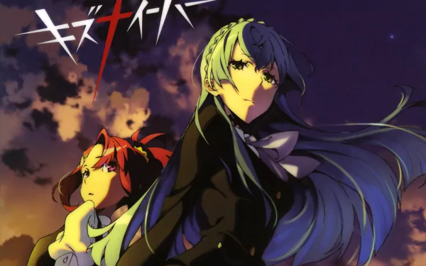 HD PC desktop wallpaper featuring two characters from the anime Kiznaiver against a dramatic sky background with the Kiznaiver logo.
