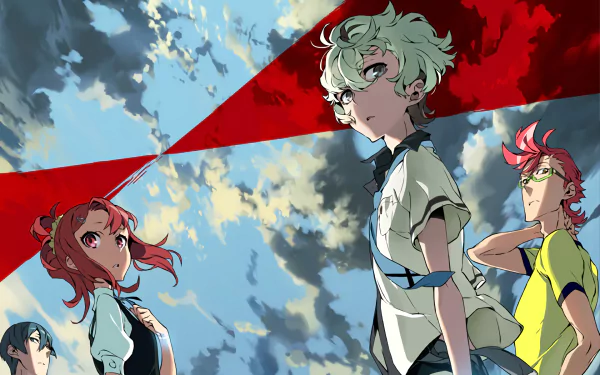 HD desktop wallpaper featuring characters from the anime Kiznaiver, with a striking background of a sky filled with clouds and red geometric shapes.