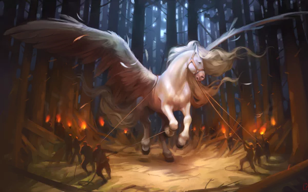 A majestic Pegasus with large wings is flying in a dark, mystical forest at night, illuminated by torchlight. This fantasy HD desktop wallpaper evokes a sense of wonder and enchantment.