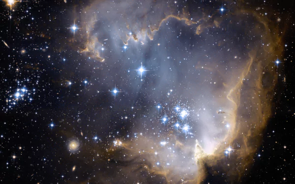 HD PC wallpaper featuring a vibrant star cluster surrounded by glowing nebula clouds in deep space, evoking a stunning sci-fi cosmic scene.