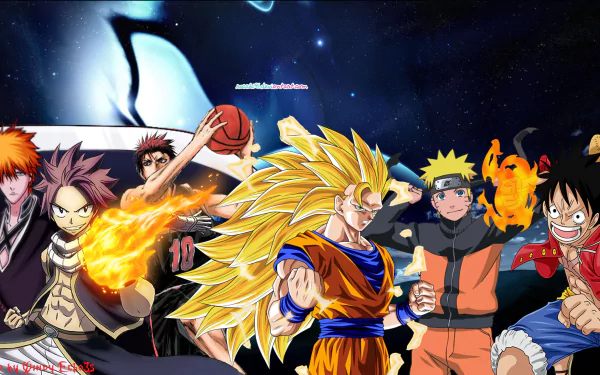 HD wallpaper crossover featuring popular anime characters: Ichigo Kurosaki (Bleach), Natsu Dragneel (Fairy Tail), Taiga Kagami (Kuroko's Basketball), Monkey D. Luffy (One Piece), Naruto Uzumaki (Naruto), and a Super Saiyan (Dragon Ball Z).
