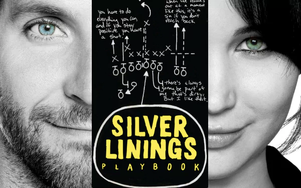 HD desktop wallpaper featuring close-up portraits of Jennifer Lawrence and Bradley Cooper from the movie Silver Linings Playbook, with a playbook graphic in the center.