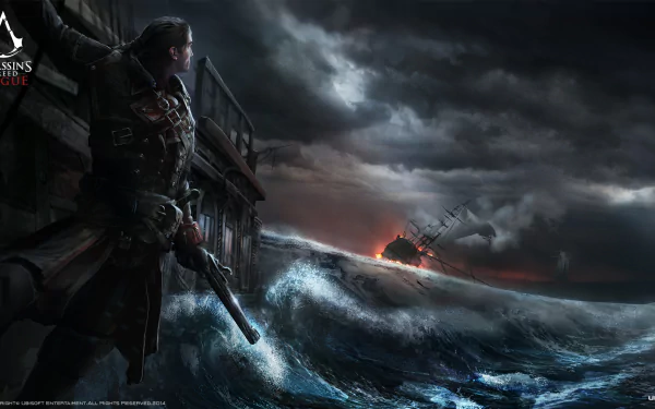 A dramatic HD desktop wallpaper featuring a pirate character from the video game Assassin's Creed: Rogue, standing on a ship in stormy seas as another vessel is engulfed in flames in the background.