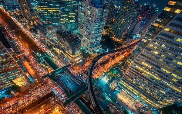Man Made Bangkok Cities Thailand City Night Light Street Building Skyscraper Aerial HD Wallpaper | Background Image
