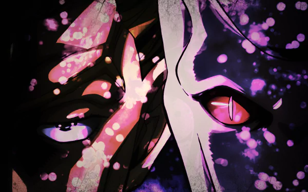 HD PC desktop wallpaper featuring a dramatic close-up of Killer Queen's face from Jojo's Bizarre Adventure, highlighting Yoshikage Kira's iconic menacing eyes.