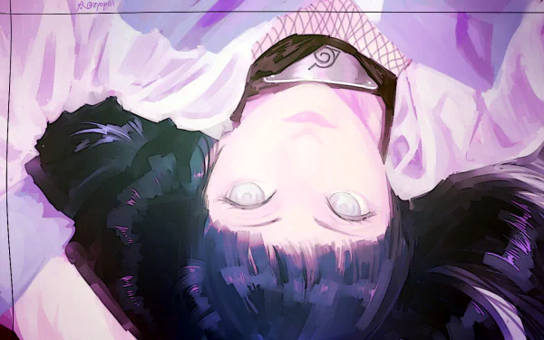 HD desktop wallpaper featuring Hinata Hyuga from the anime Naruto, showcasing her lying down with a serene expression and purple-tinted hues enhancing the background.
