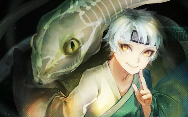 HD desktop wallpaper featuring Mitsuki from the anime series Boruto, displaying his trademark soft smile and accompanied by a large, ethereal snake.