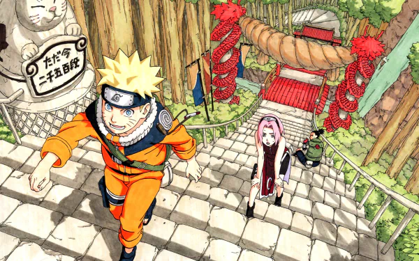 HD desktop wallpaper featuring Shikamaru Nara, Sakura Haruno, and Naruto Uzumaki from the anime Naruto. The characters are climbing a staircase surrounded by lush greenery and vibrant decorations.