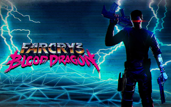 HD PC desktop wallpaper of Far Cry 3: Blood Dragon - neon-lit cyborg soldier silhouetted with weapons against an electric grid and lightning backdrop, game logo on left.