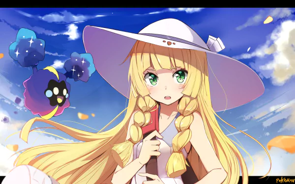 The HD desktop wallpaper features Lillie from Pokémon: Sun and Moon, with long blonde hair, green eyes, and a white dress and hat, holding Cosmog against a vibrant sky with flower petals.