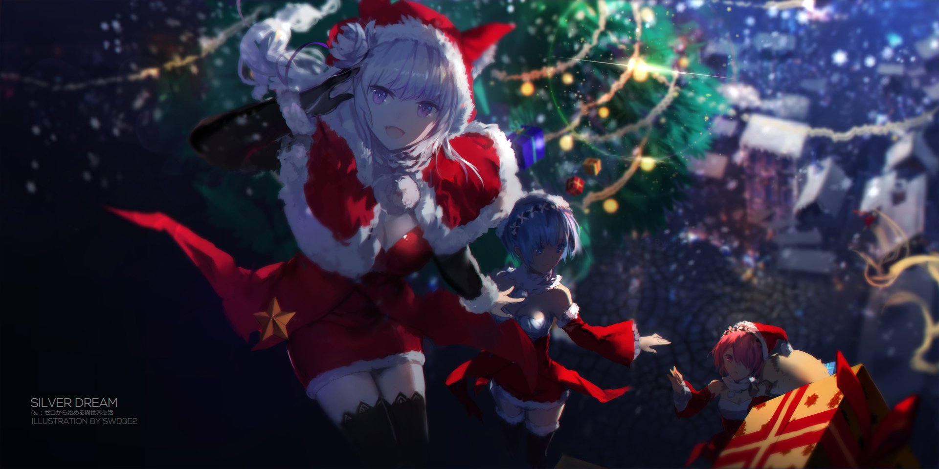 HD wallpaper featuring Emilia, Rem, and Ram from Re:Zero - Starting Life in Another World in festive Christmas outfits. The background showcases a lit Christmas tree with twinkling lights.