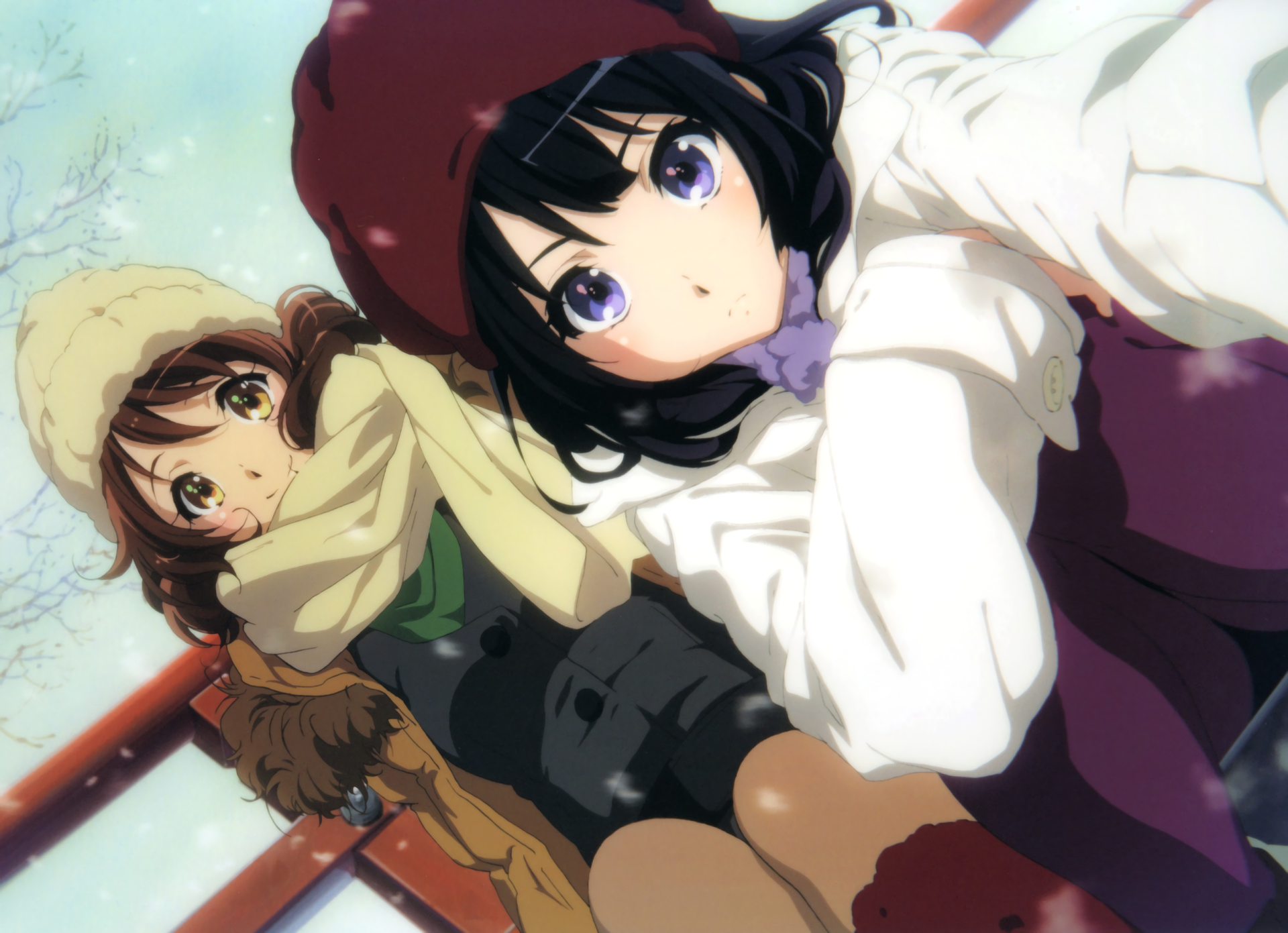 HD PC desktop wallpaper featuring characters from the anime Sound! Euphonium dressed in winter attire with a snowy background.