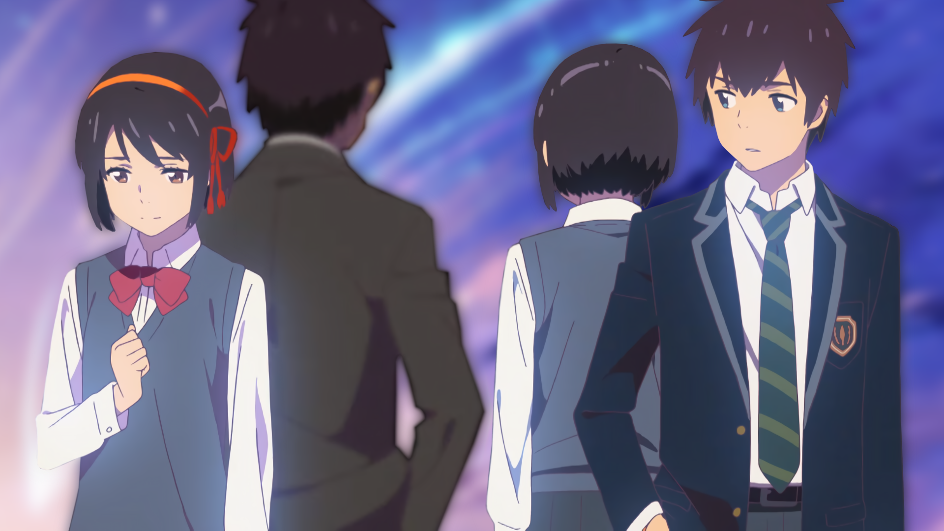 4K Ultra HD anime wallpaper featuring Taki Tachibana and Mitsuha Miyamizu from Your Name., showcasing vibrant colors and character interactions.