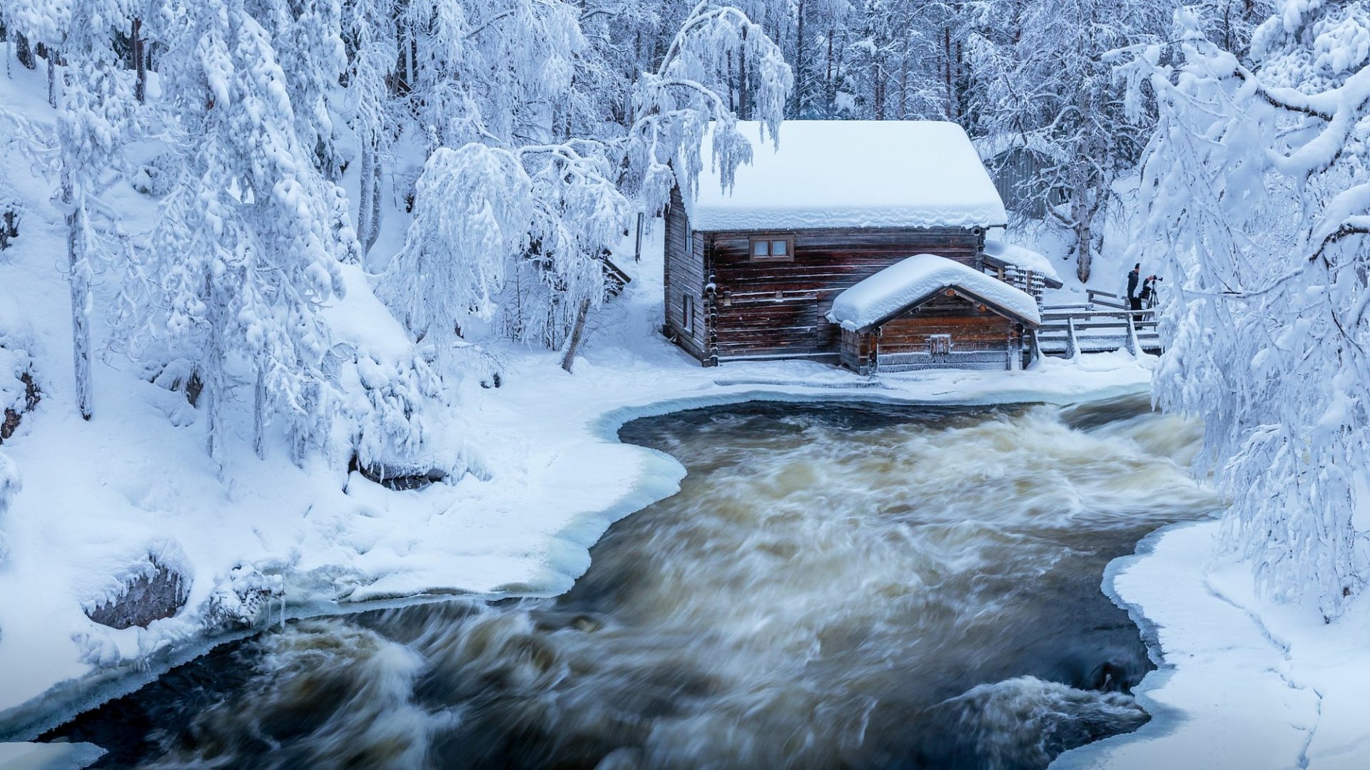 Cabin on Winter River HD Wallpaper | Background Image | 2000x1125 | ID