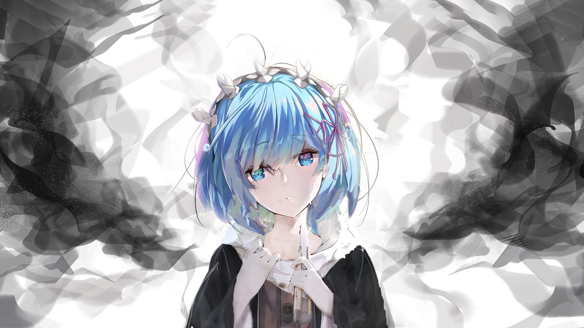 HD PC desktop wallpaper featuring Rem from the anime Re:Zero - Starting Life in Another World, with a soft, painterly background in shades of black and white.