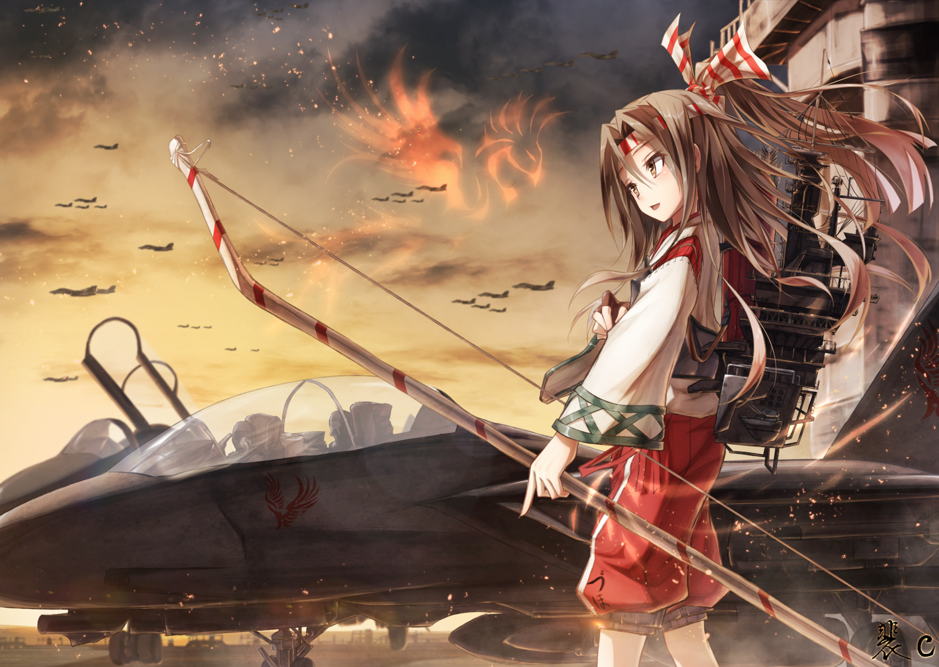 Anime Kantai Collection HD PC desktop wallpaper: ship girl in red and white with bow and heavy mechanical rigging stands on water beside aircraft beneath a burning, sunset-lit war sky.