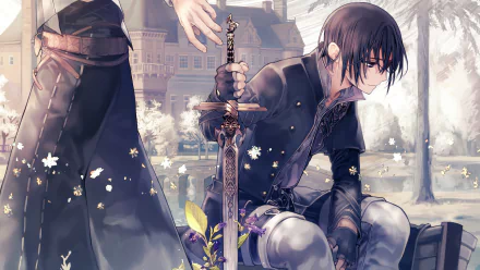 HD desktop wallpaper from anime Aim the Deepest Part of A Different World Labyrinth featuring a character sitting while holding a sword with a blade planted in the ground, a building in the background.