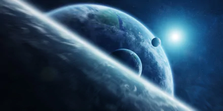 4K Ultra HD sci-fi wallpaper depicting a dramatic planet rise with multiple celestial bodies illuminated by a distant star in deep space.