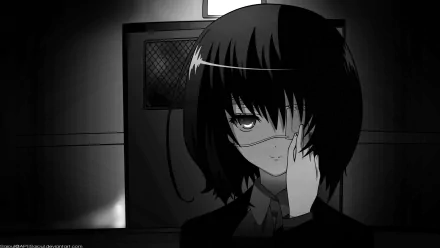 HD anime desktop wallpaper featuring Mei Misaki from Another, depicted in a dark, monochrome style with her signature eyepatch and mysterious expression.
