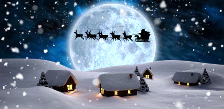 A snowy village under a large moon with falling snowflakes. Silhouette of a sleigh and reindeer flying across the sky on a winter night. Christmas holiday HD wallpaper and background.