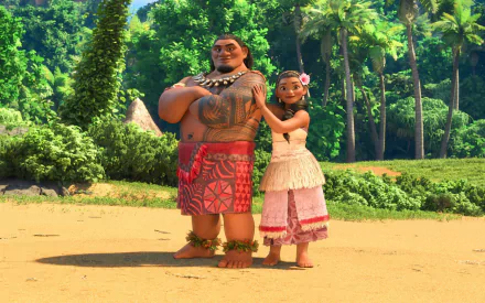 HD desktop wallpaper featuring characters from the movie Moana, standing on a sunny beach with lush green trees in the background.