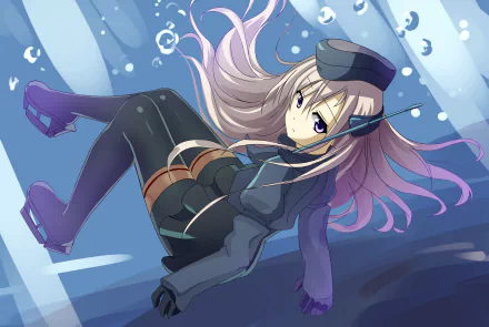 U-511 (Kantai Collection) anime art: submarine girl with long pink-purple hair in navy uniform drifting underwater amid bubbles — 2K Quad HD PC desktop wallpaper/background.
