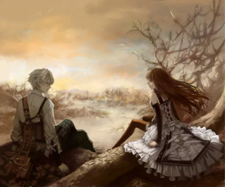 Anime-style HD wallpaper featuring two original characters with brown and white hair, brown eyes, and blush, dressed in detailed outfits, sitting amidst a serene, autumnal landscape.