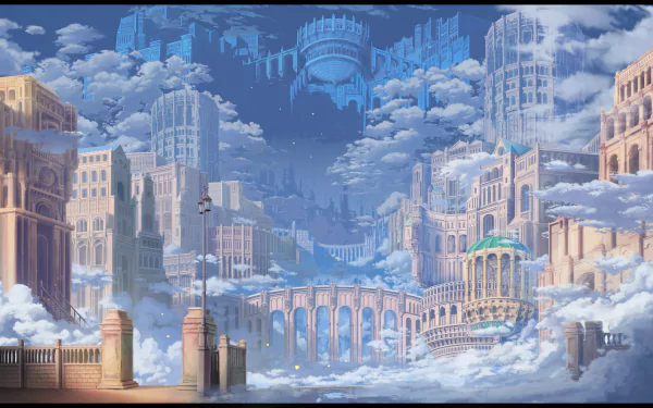 Anime cityscape in 4K Ultra HD, depicting a detailed, sprawling urban environment surrounded by clouds, designed as a vibrant PC desktop wallpaper and background.