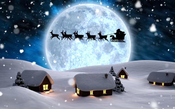 A snowy village under a large moon with falling snowflakes. Silhouette of a sleigh and reindeer flying across the sky on a winter night. Christmas holiday HD wallpaper and background.