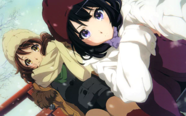 HD PC desktop wallpaper featuring characters from the anime Sound! Euphonium dressed in winter attire with a snowy background.