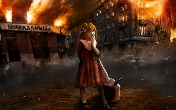 Fantasy City Destruction Fire Flame Little Girl HD Wallpaper | Background Image