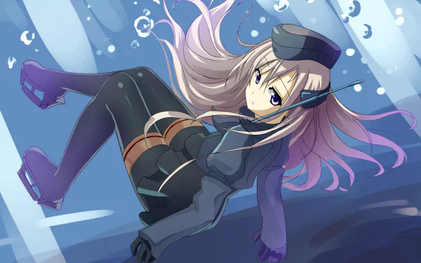 U-511 (Kantai Collection) anime art: submarine girl with long pink-purple hair in navy uniform drifting underwater amid bubbles — 2K Quad HD PC desktop wallpaper/background.