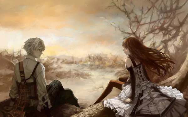 Anime-style HD wallpaper featuring two original characters with brown and white hair, brown eyes, and blush, dressed in detailed outfits, sitting amidst a serene, autumnal landscape.