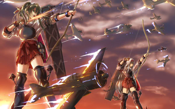 Anime-style 4K wallpaper featuring Shoukaku and Zuikaku from Kantai Collection aiming bows amid flying planes against a dramatic sky.