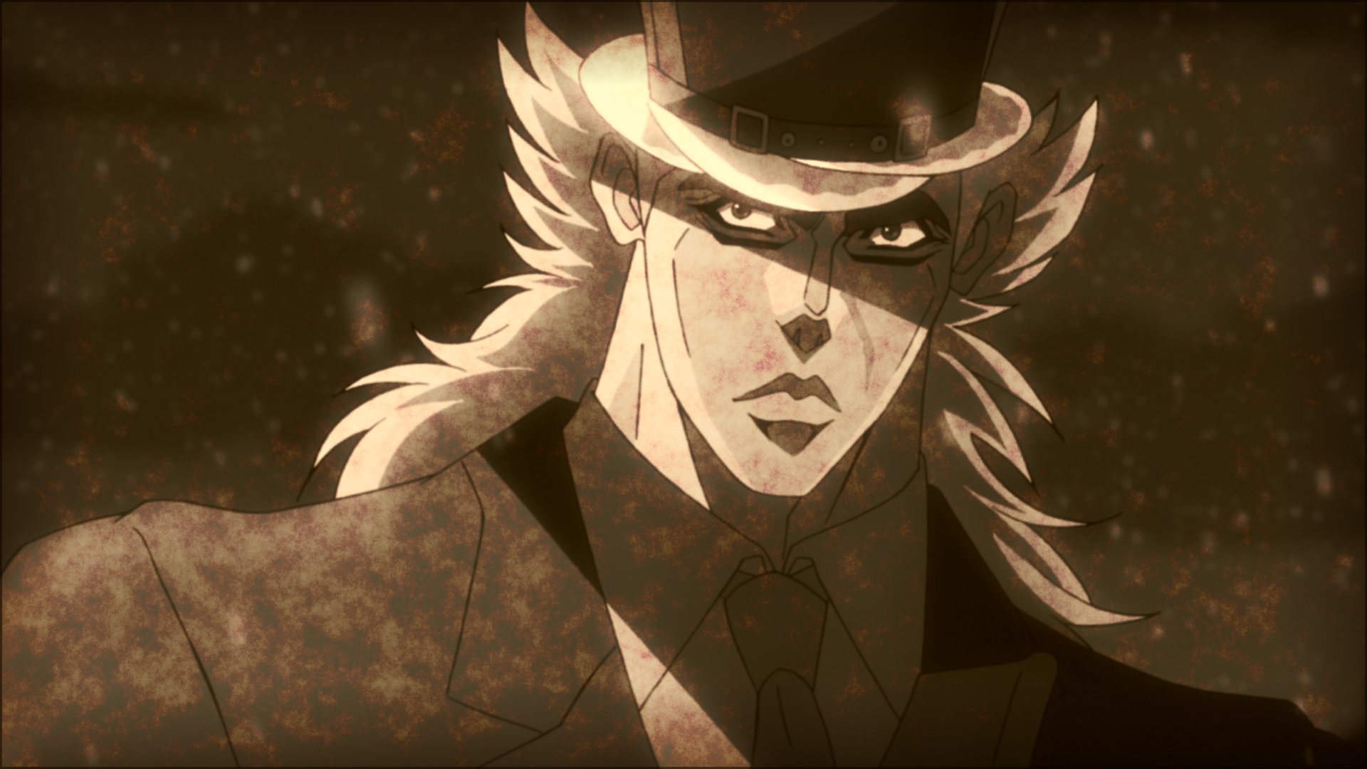 HD anime wallpaper featuring Robert E. O. Speedwagon from JoJo's Bizarre Adventure: Phantom Blood, showcasing intense shading and a vintage sepia tone.
